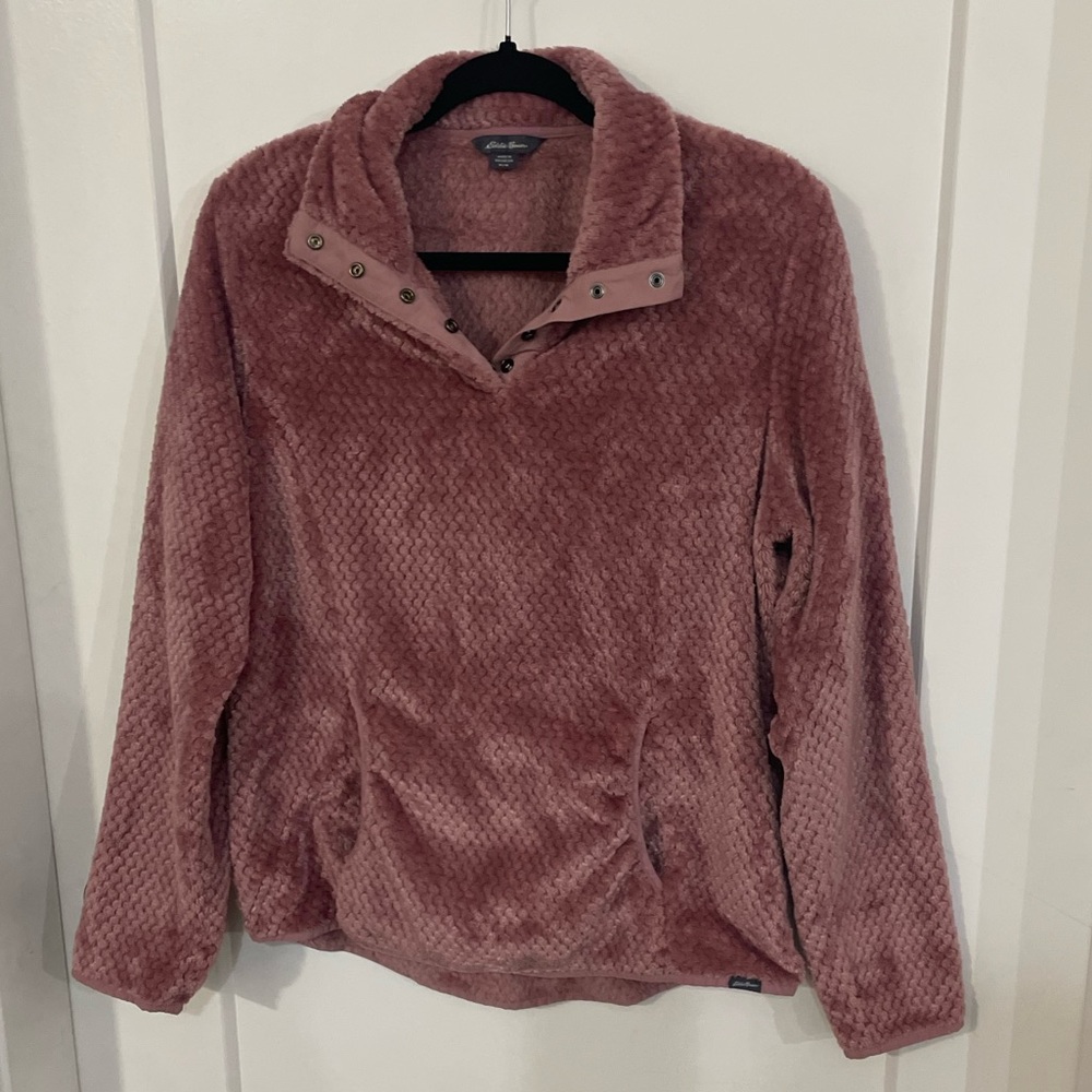 Eddie Bauer Fleece Snap Collar Sweater Pink Mauve Soft Cozy Size Medium Women